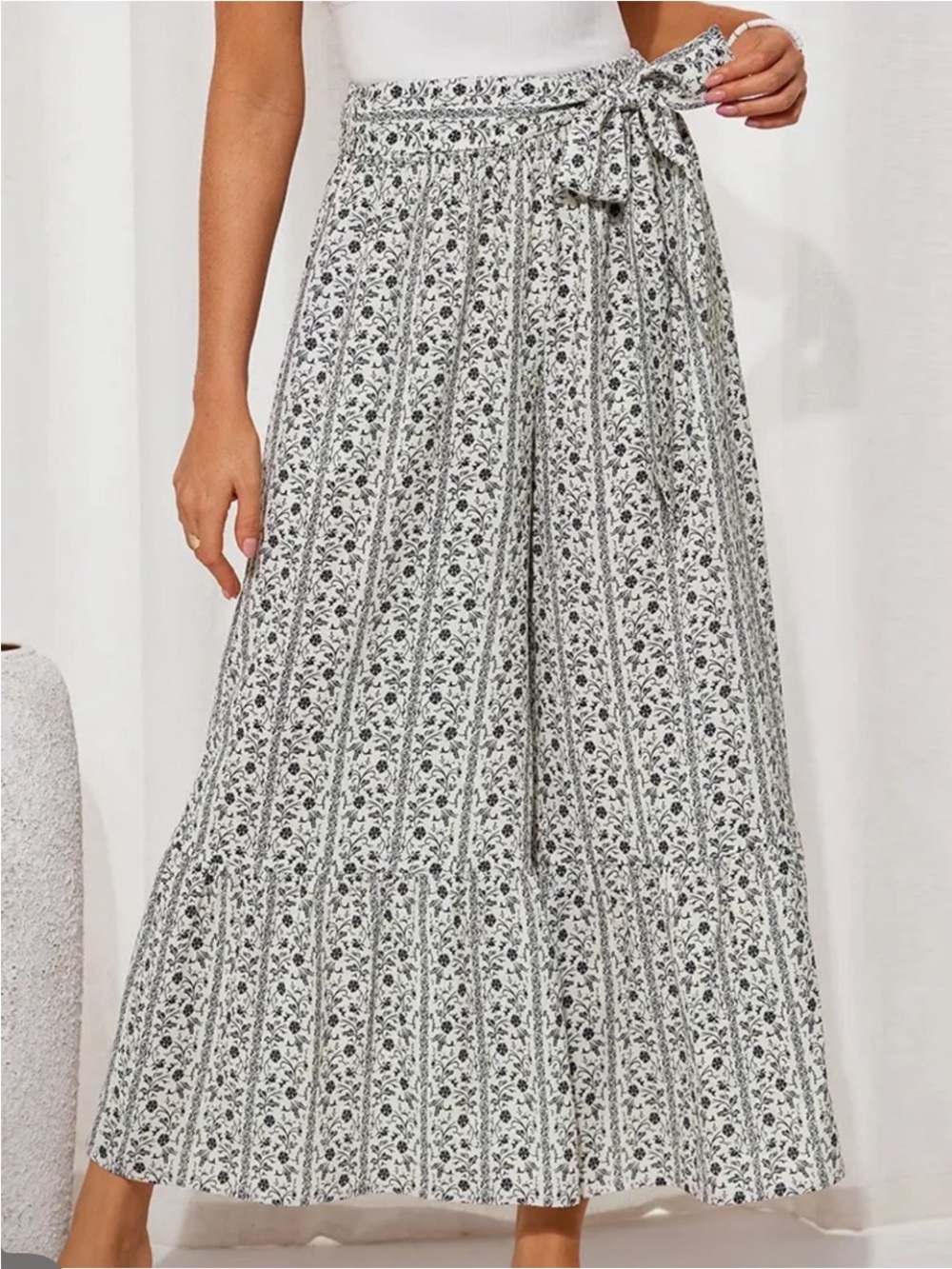 Grace Karin Cream and Black Floral Maxi wide leg pants with Tie Wait
